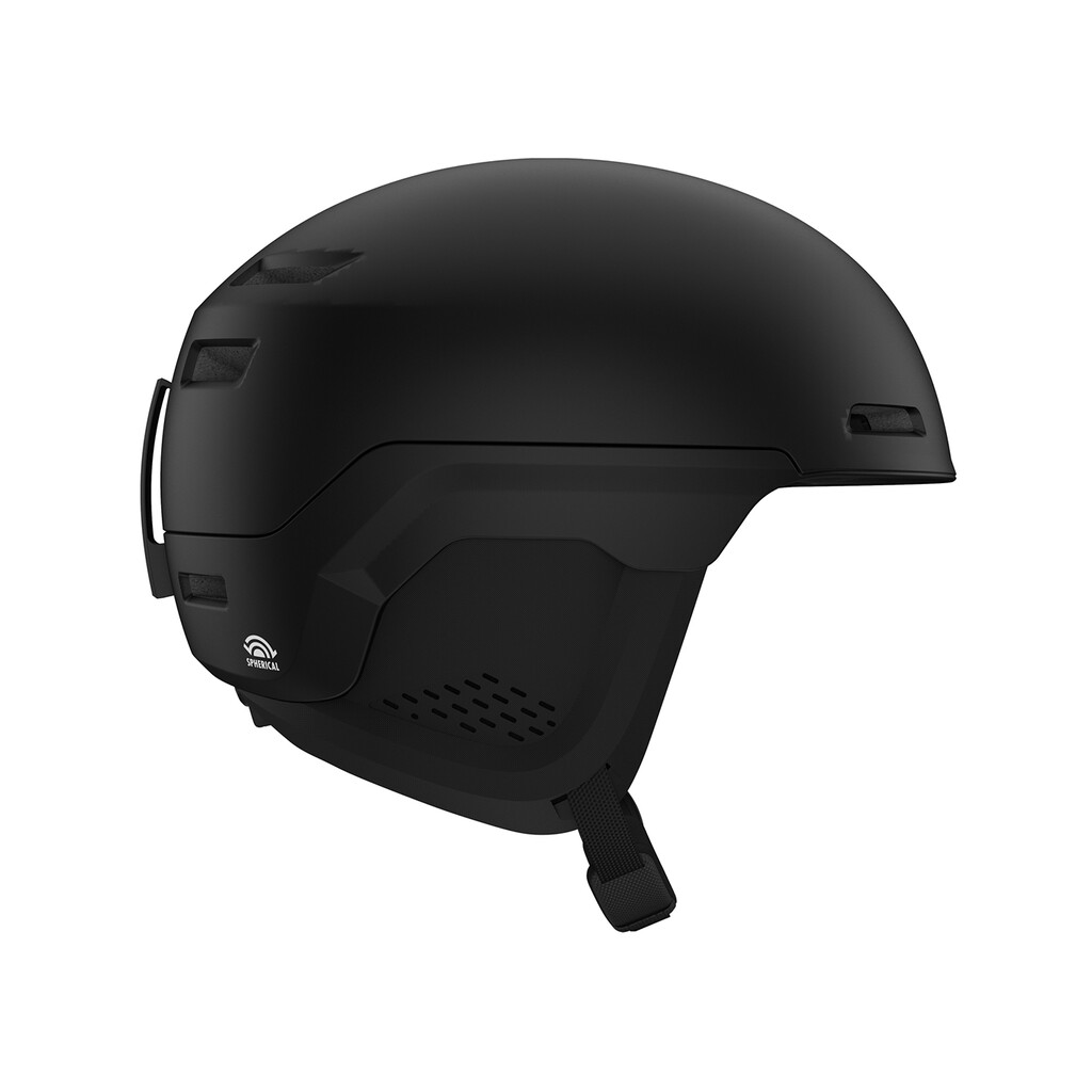 Giro Owen Skihelm Mattschwarzer Skihelm, Giro Owen Spherical MIPS, Seitenansicht mit Belüftungsdetails und Kinnriemen.