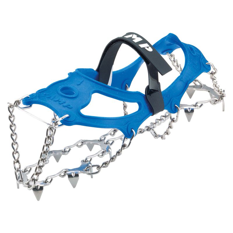 Blaues Ice Master Light Steigeisen mit Zacken und Kette auf weißem Grund.