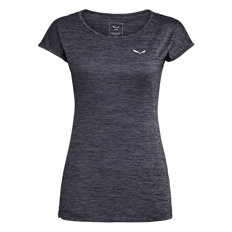 Marineblaues Salewa Puez Melange Dry Damen T-Shirt mit kurzem Arm und weißem Logo.