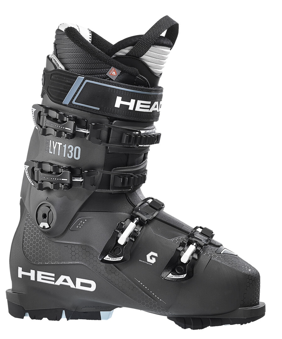 HEAD Skiboots Detailansicht: Grauer Head Edge LYT 130 GW Skischuh mit Schnallen und GripWalk Sohle.