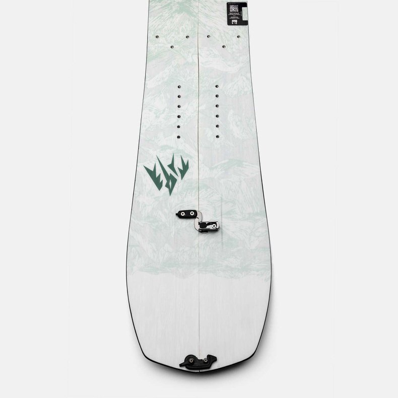 Jones Women's Splitboard Draufsicht eines zweiteiligen Jones Women's Solution Splitboards mit Bergmuster und grünen Logos.