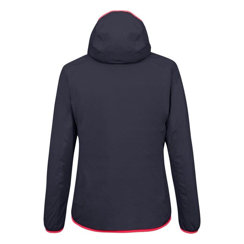 Navy Puez Light Powertex Jacke von hinten mit Kapuze und roter Umrandung an Kapuze und Saum.