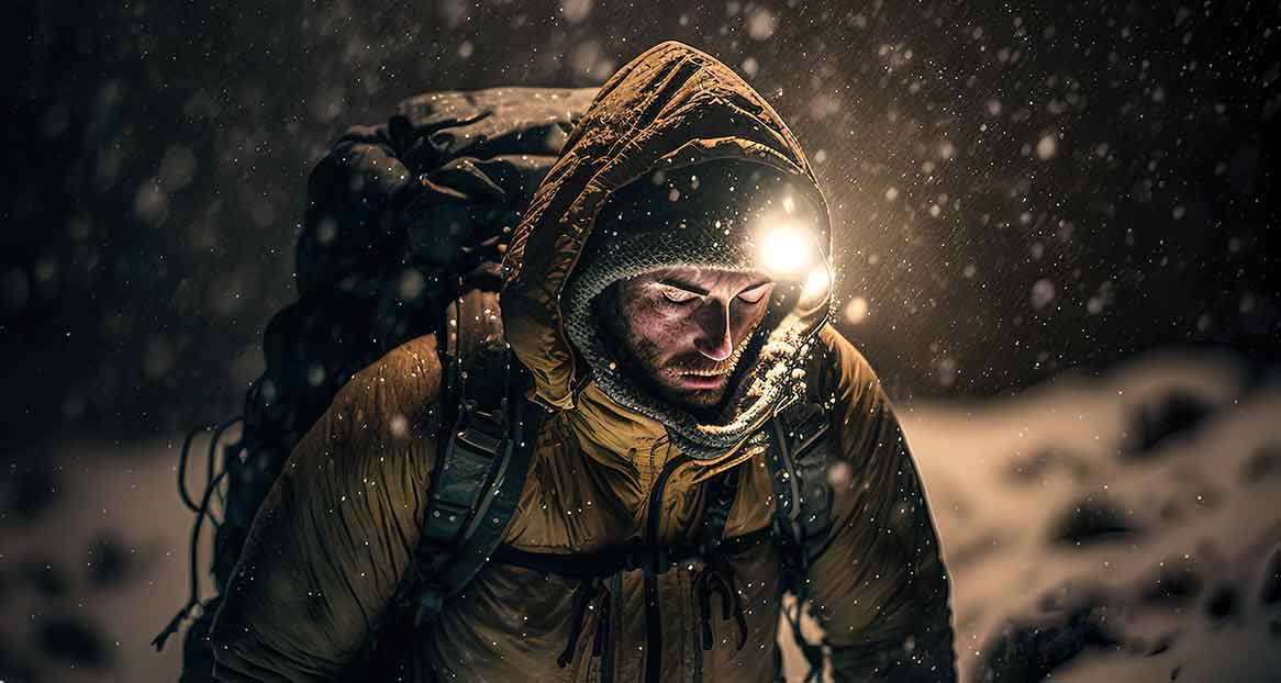 Ein Mann mit Rucksack und Stirnlampe im Schneefall. Die Lampe leuchtet sein Gesicht aus. Er trägt eine Kapuze.