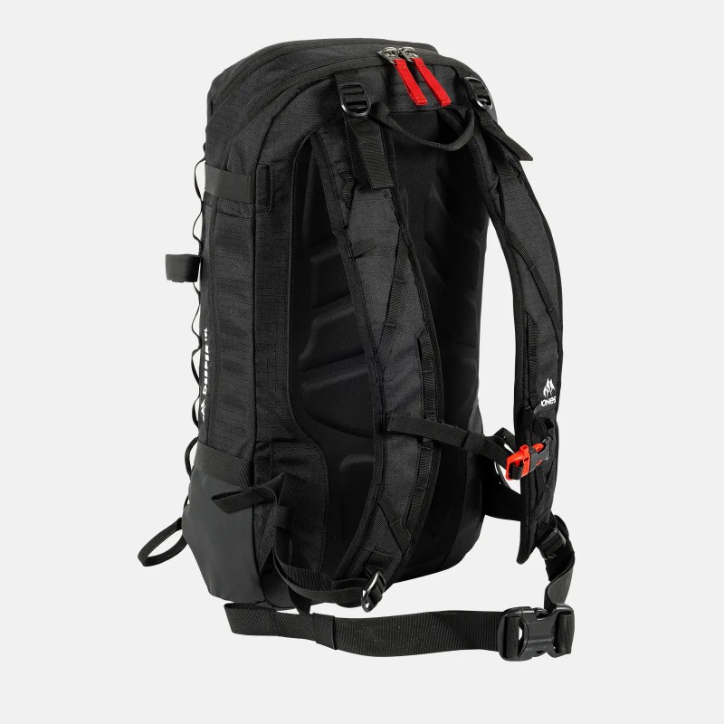 Sac à dos noir Jones 19L Sac à dos noir Jones Deeper 19L, vue arrière avec bretelles et accents rouges sur les fermetures éclair et les fermetures.