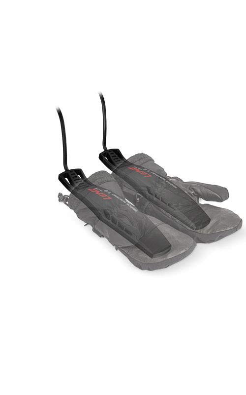 Lenz Space Warmer 1.0 Zwei Lenz Space Warmer 1.0 mit Kabeln liegen auf Handschuhen. Die Warmer haben Heizrippen und rote Schrift.