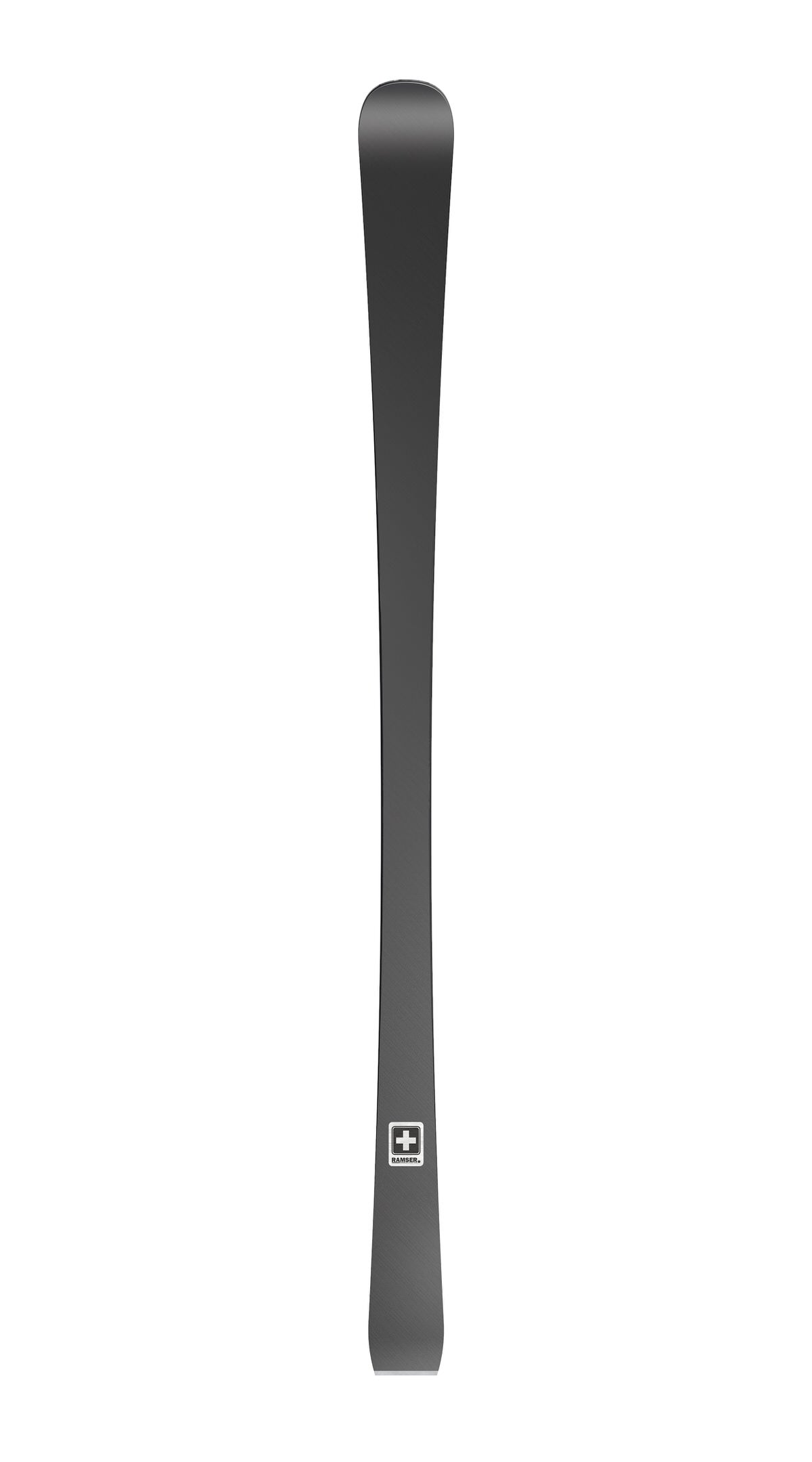 Schwarzer Ski mit Logo Schwarzer Ski von vorne, mit abgerundeter Spitze und Logo am unteren Ende.