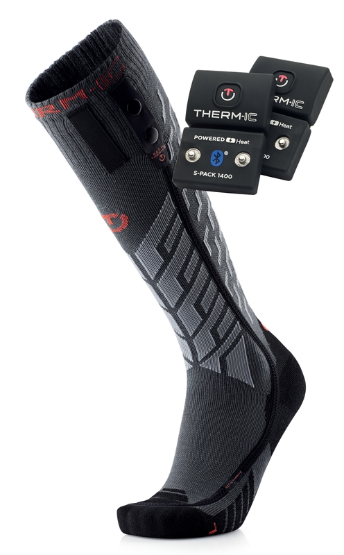 Graue Thermic Ultra Warm Socken mit schwarzen Akzenten und zwei schwarzen S-Pack 1400 Akkus.