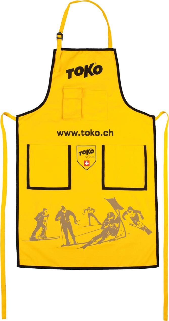 Gelbe Toko Werkstattschürze mit Logo, Webseite, zwei Taschen und grafischen Skifahrer Motiven.