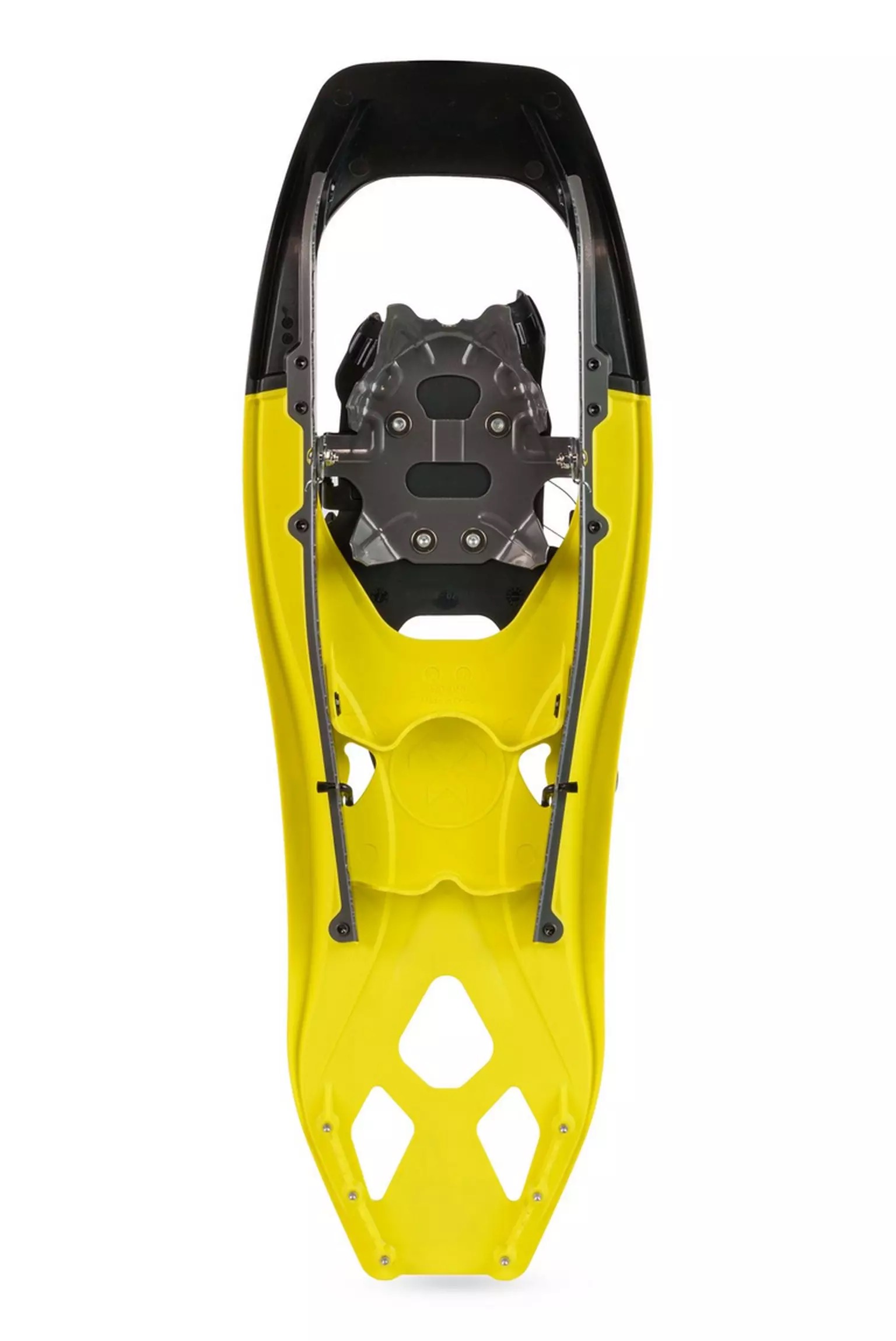 Gelber Tubbs Schneeschuh Gelber Tubbs Flex VRT 25 Schneeschuh von oben, mit schwarzer Bindung und Rahmen.