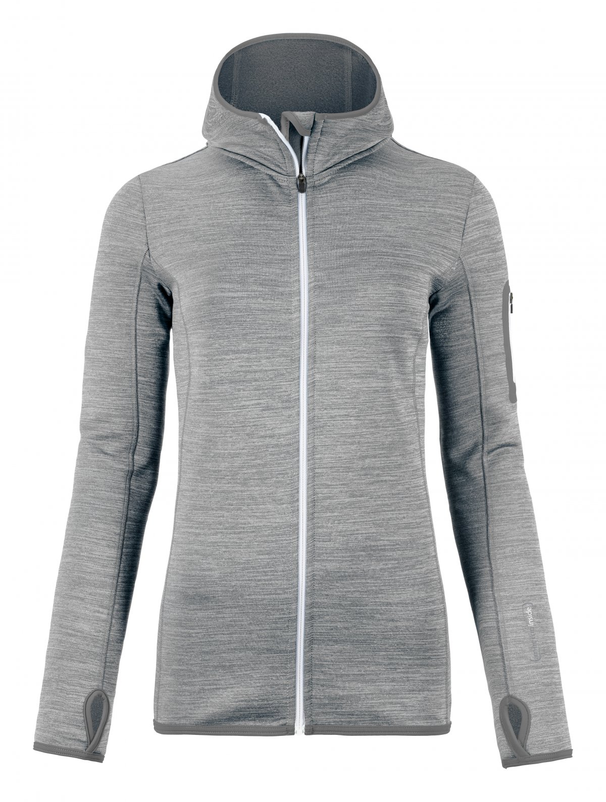 Grauer Melange Fleece Hoody mit weißem Reißverschluss und Kapuze, Ärmel mit Daumenschlaufen.