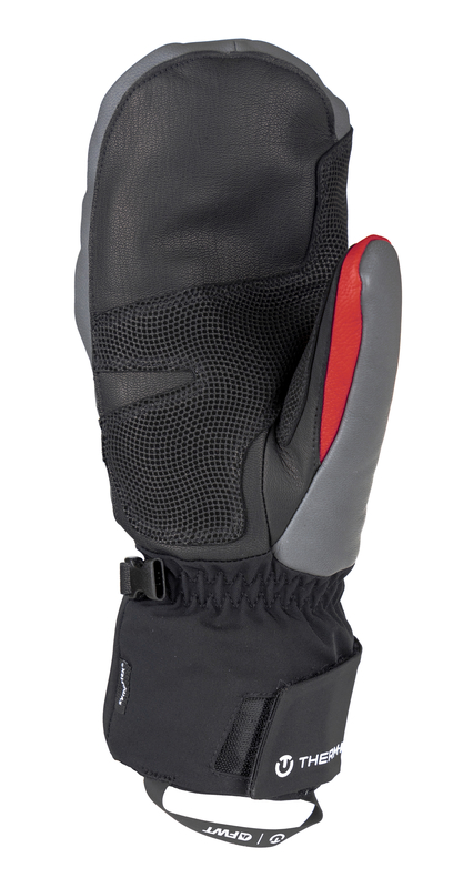 Detailansicht: Therm-ic Freeride Extra Warm Mittens - FWT Edition. Fäustling in Schwarz, Grau und Rot mit Therm-ic Logo.