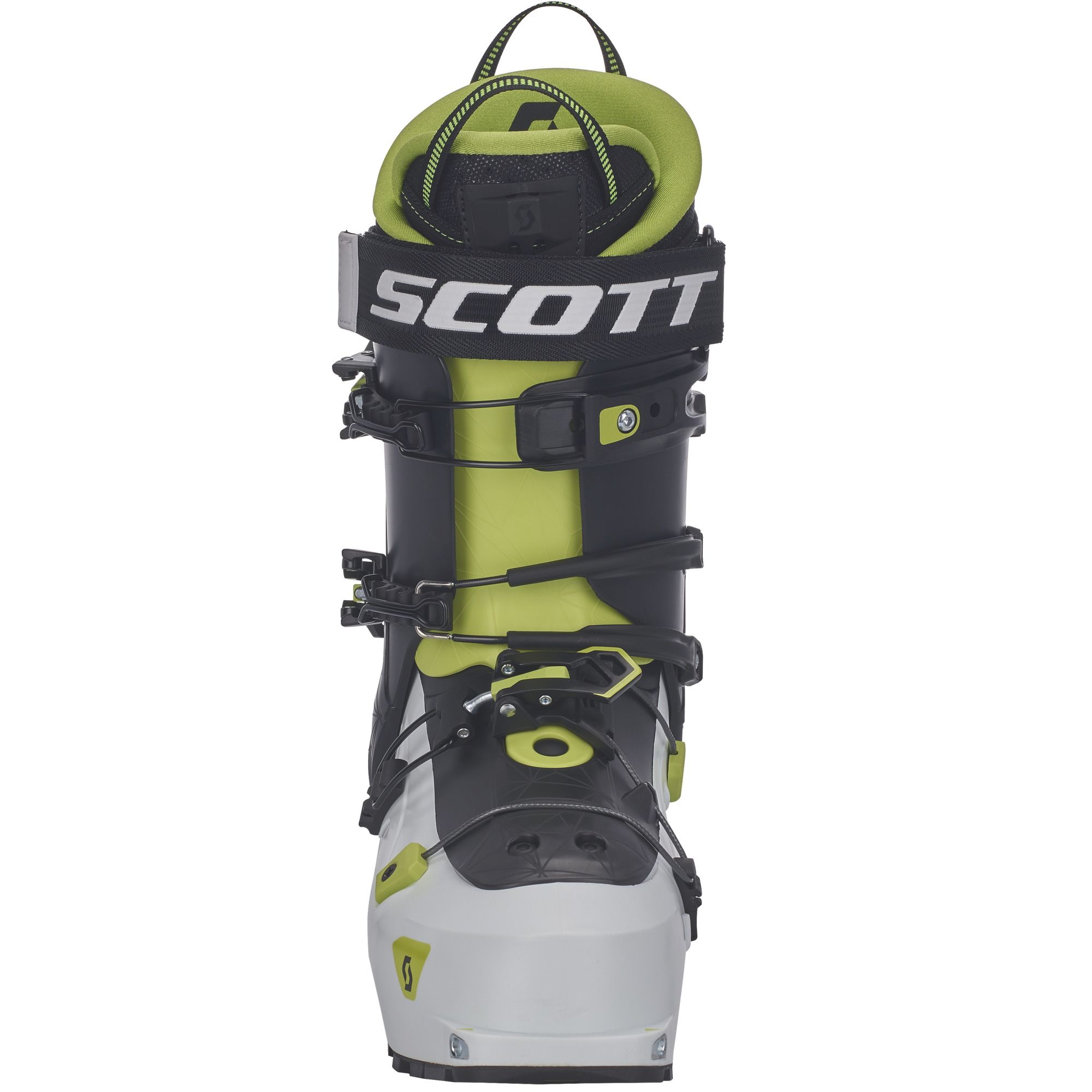 Scott Cosmos Tour Schuh Vorderansicht des Tourenskischuhs Scott Cosmos Tour in Weiß, Schwarz und Grün mit Schnallen und Gurt mit dem Scott-Logo.