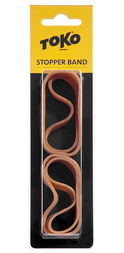 Toko Stopper Bands Verpackung des Toko Stopper Bands, zwei braune Gummibänder zur Fixierung von Skibremse.