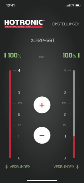 Hotronic XLP 1P Akku-Status Smartphone-App-Ansicht: Hotronic XLP 1P Akku-Statusanzeige mit Heizstufen, Bluetooth verbunden, Akkustand 100%.