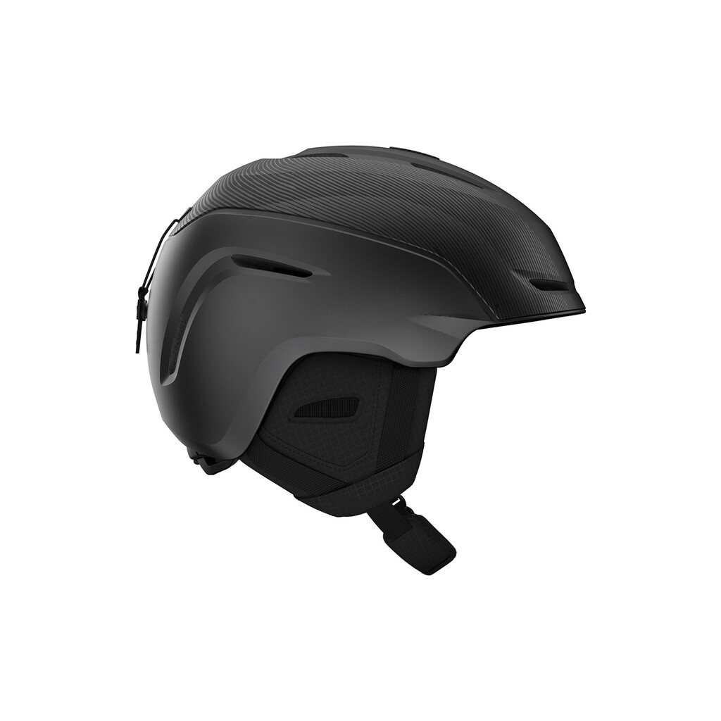 Casque de ski noir mat, Giro Neo MIPS, vue de côté. Les ouvertures d'aération et les coussinets d'oreille sont visibles.