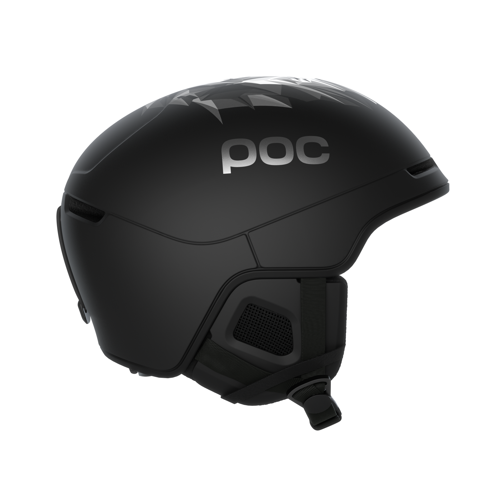 Schwarzer POC Skihelm Schwarzer POC Obex Pure Skihelm, seitliche Ansicht, mit dezentem Löwenmuster und dem POC Logo auf der Seite.