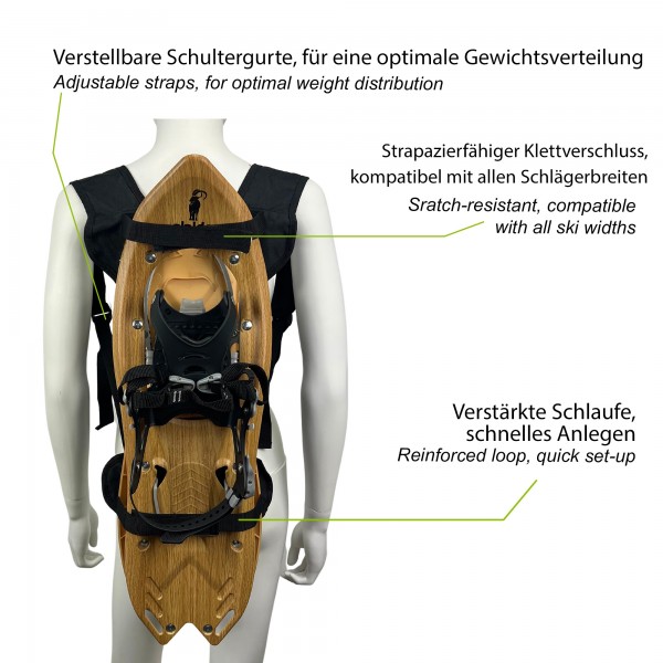 Schneeschuhe am Rucksack Raq Back: Schneeschuhe am Rucksack befestigt. Verstellbare Gurte für optimale Gewichtsverteilung.