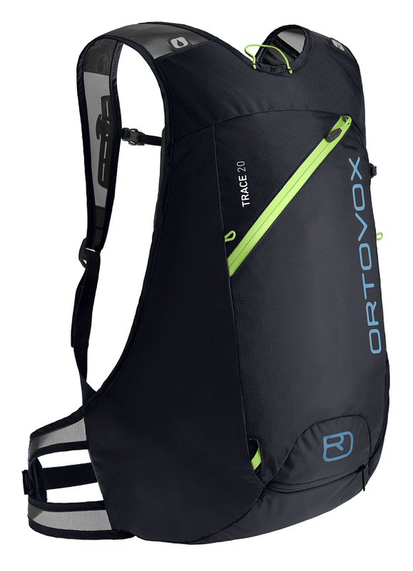 Schwarzer Ortovox Trace 20 Skitourenrucksack mit reflektierenden Elementen und hellgrünen Akzenten.