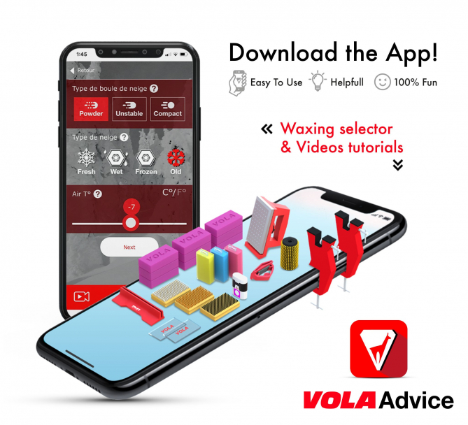 Smartphone mit App für Skiwachs-Auswahl und Zubehör, darunter Vola Wachsblöcke und Bürsten. Vola Advice Logo.