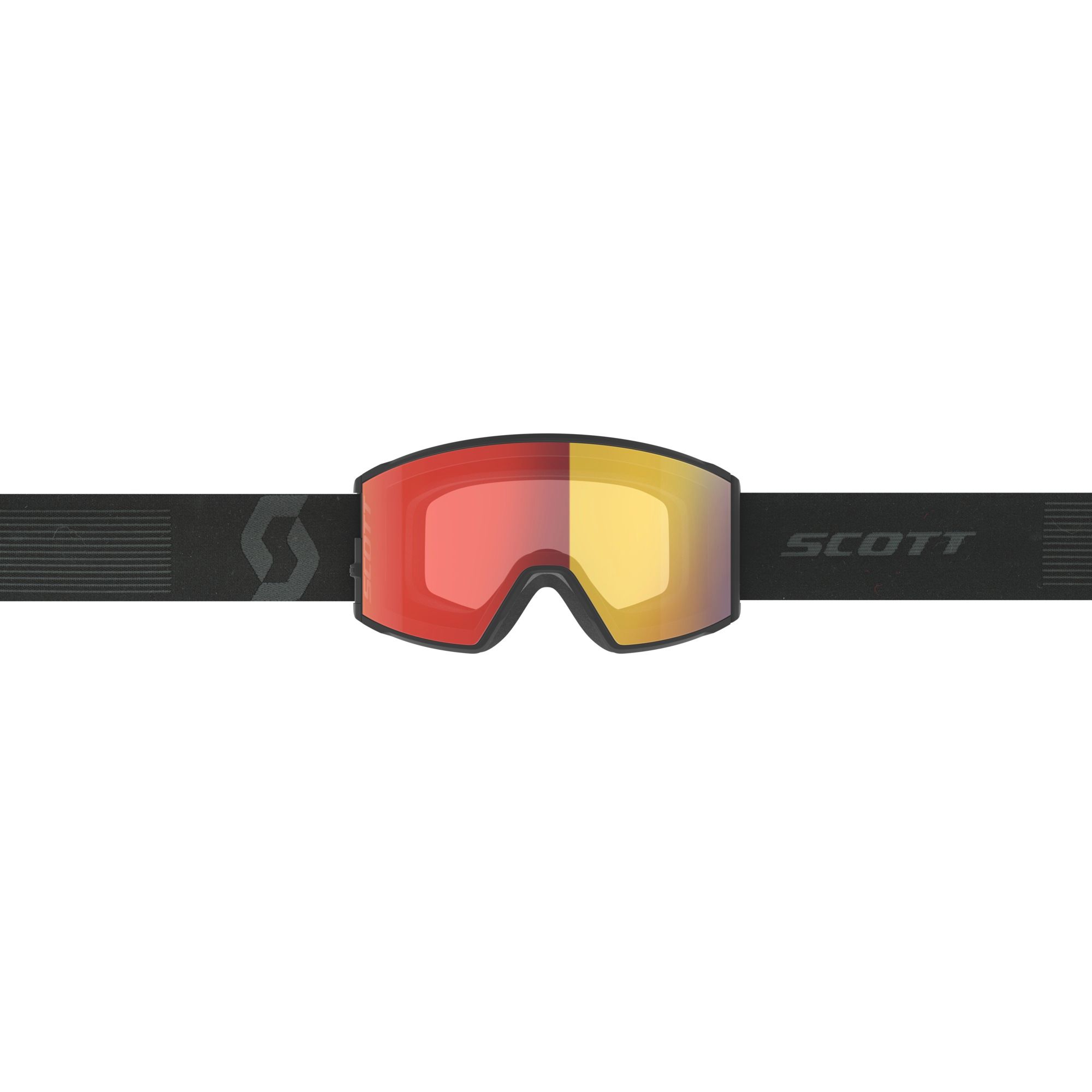 Frontale Ansicht der Scott React Skibrille mit roter und gelber Linse und schwarzem Band.