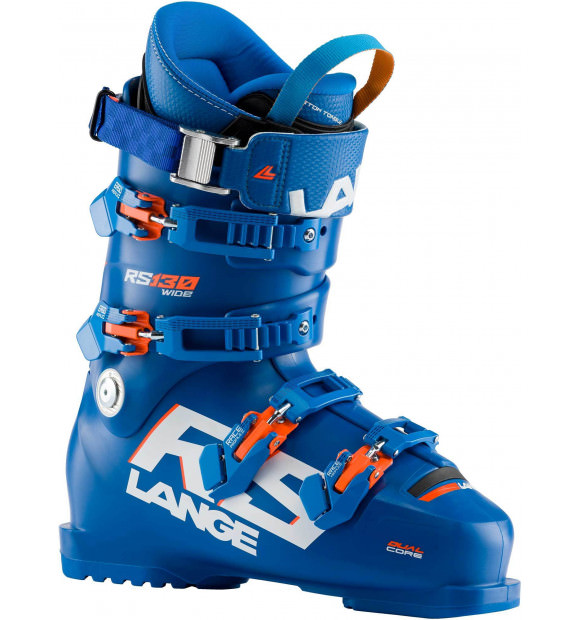 Blauer Lange RS 130 Wide Skischuh mit Schnallen und weißem Lange Schriftzug.