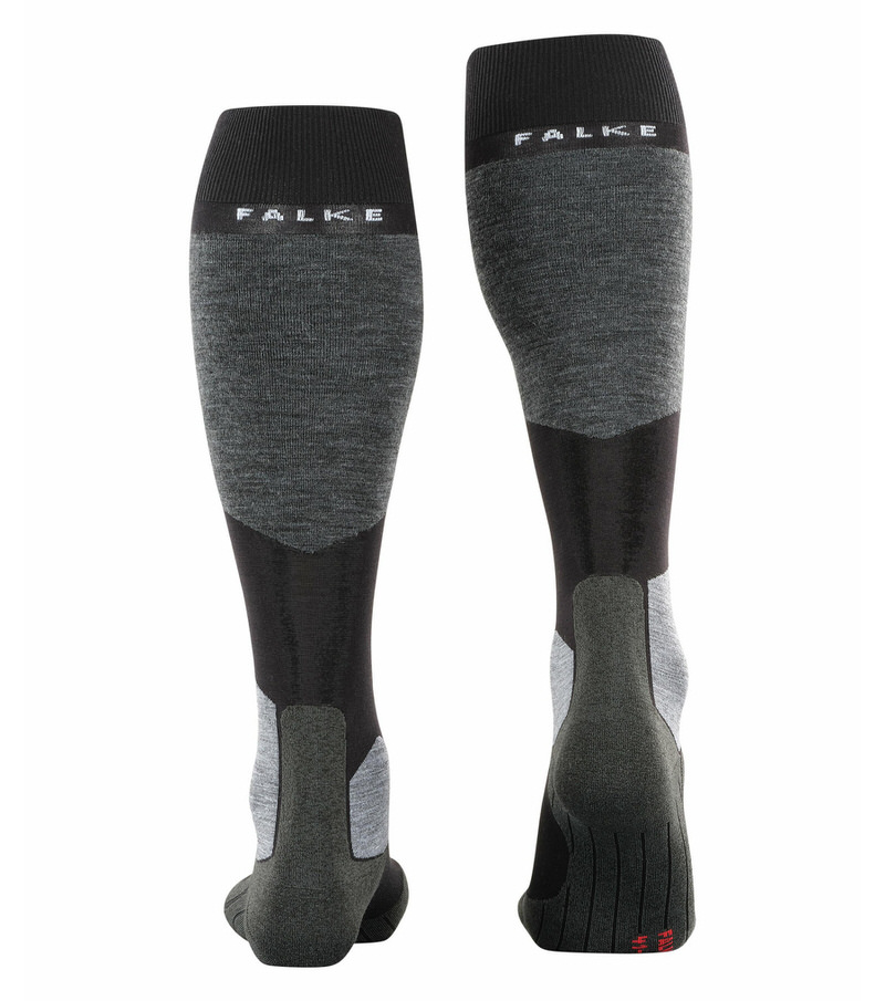 Deux Falke SK6 Mi-bas de ski en noir et gris vus de derrière.
