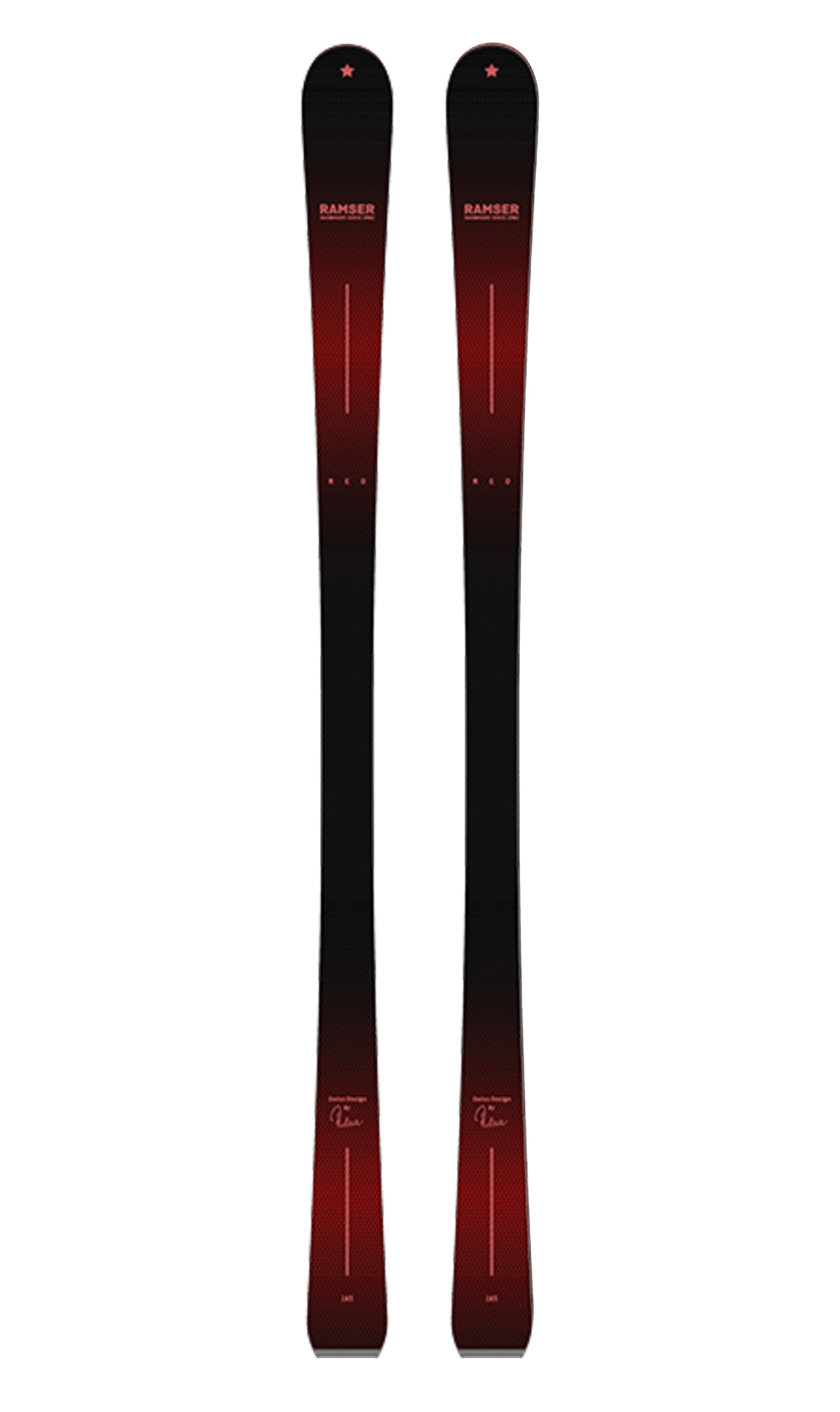 Zwei Ramser RED SL LTD Ski, von oben gesehen, mit schwarzem und rotem Farbverlauf.