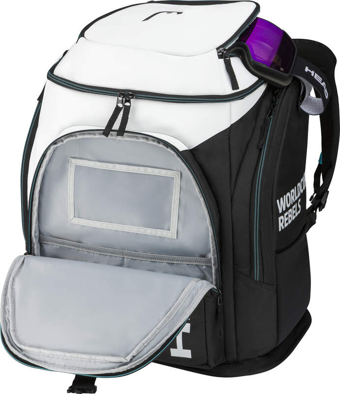 Offener Head Rebels Racing Backpack S, schwarz-weiß, mit Skibrille und "World Rebels" Schriftzug.