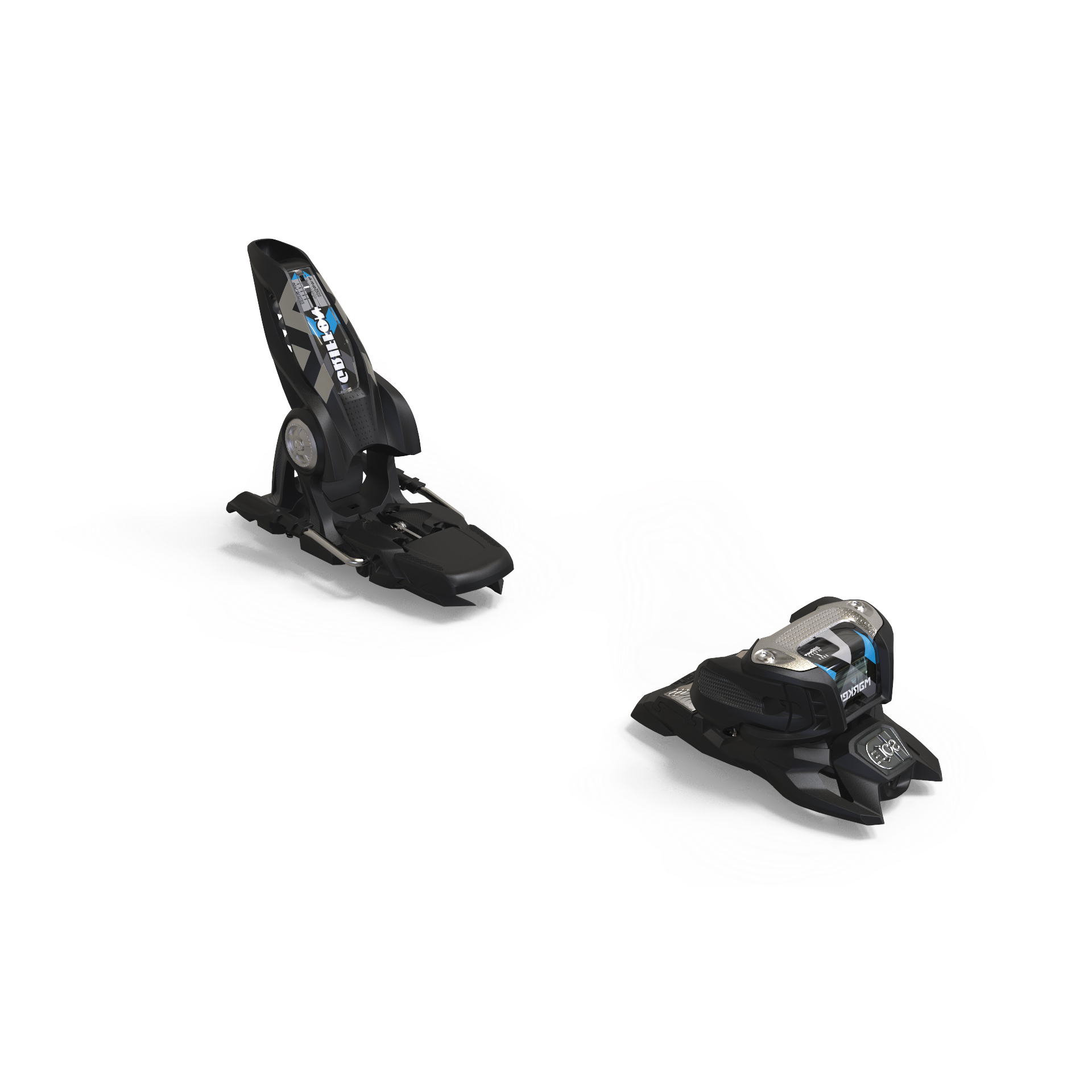 Zwei schwarze Ski Bindungen, Modell Griffon 13 ID, vor hellem Hintergrund.