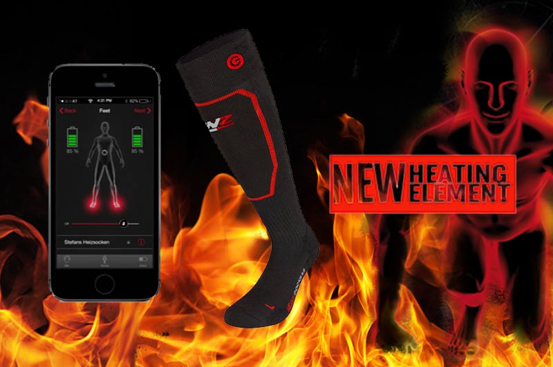 Beheizbare Socken mit der Lenz heat app Eine beheizbare, schwarze Kniestrümpfe mit rotem Akzent neben einem Smartphone mit App-Oberfläche. Im Hintergrund Feuer und Grafik.
