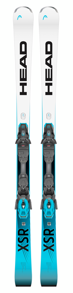 Paar Head Ski Worldcup Rebels e.XSR 2025, Frontansicht. Weißes Oberteil mit schwarzer Schrift, türkis Akzente, montierte Bindung.