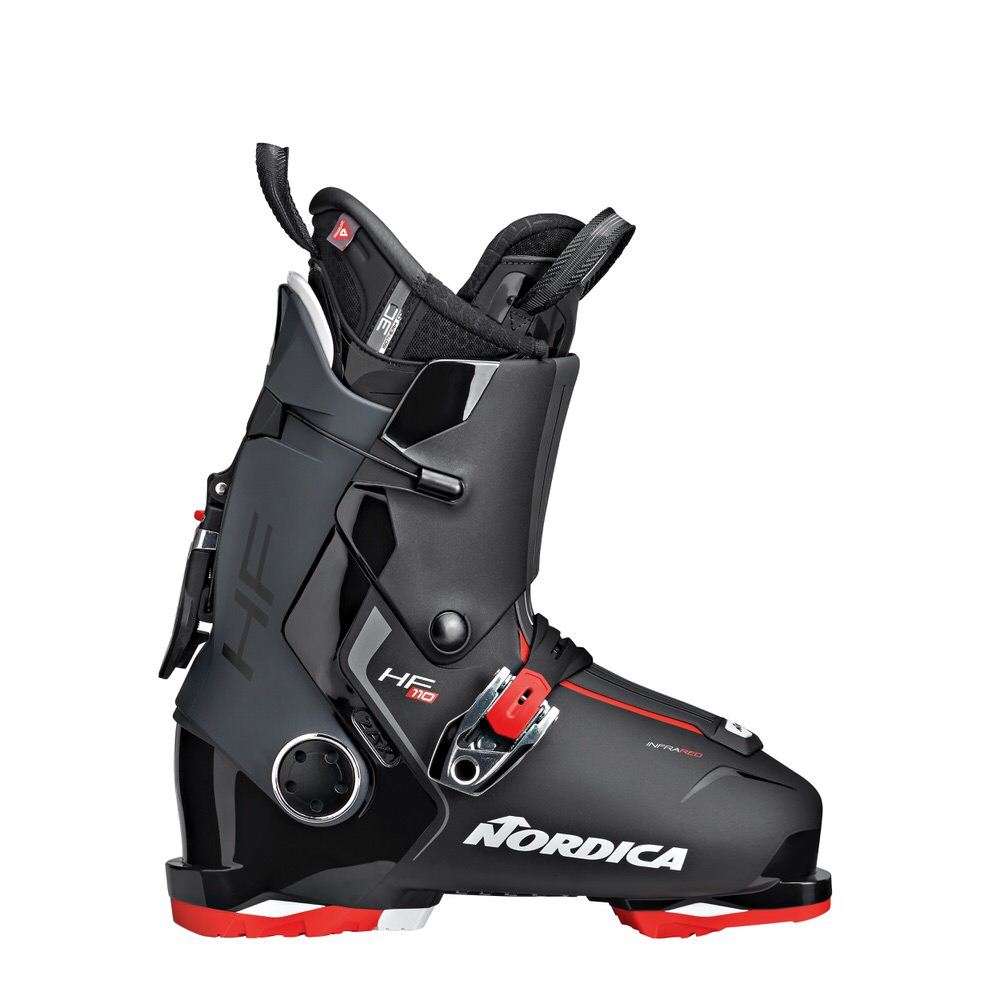 Schwarzer Nordica Skischuh Schwarzer Nordica HF 110 Skischuh mit roten Akzenten, seitliche Ansicht.