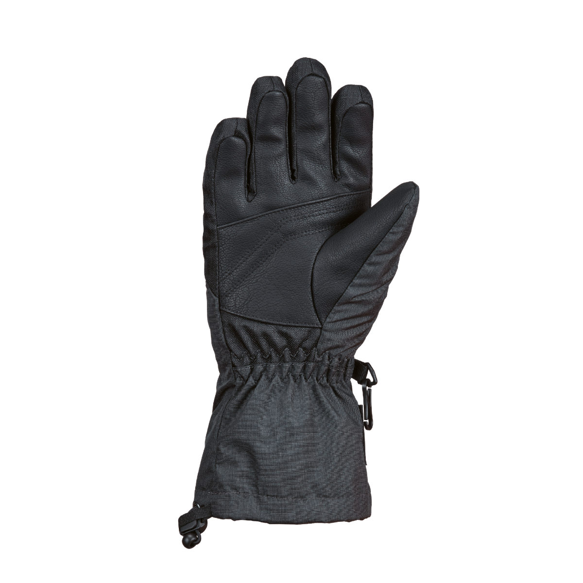 Schwarzer Winterhandschuh, Handfläche nach oben, mit leicht geöffneten Fingern, vor einem weißen Hintergrund.