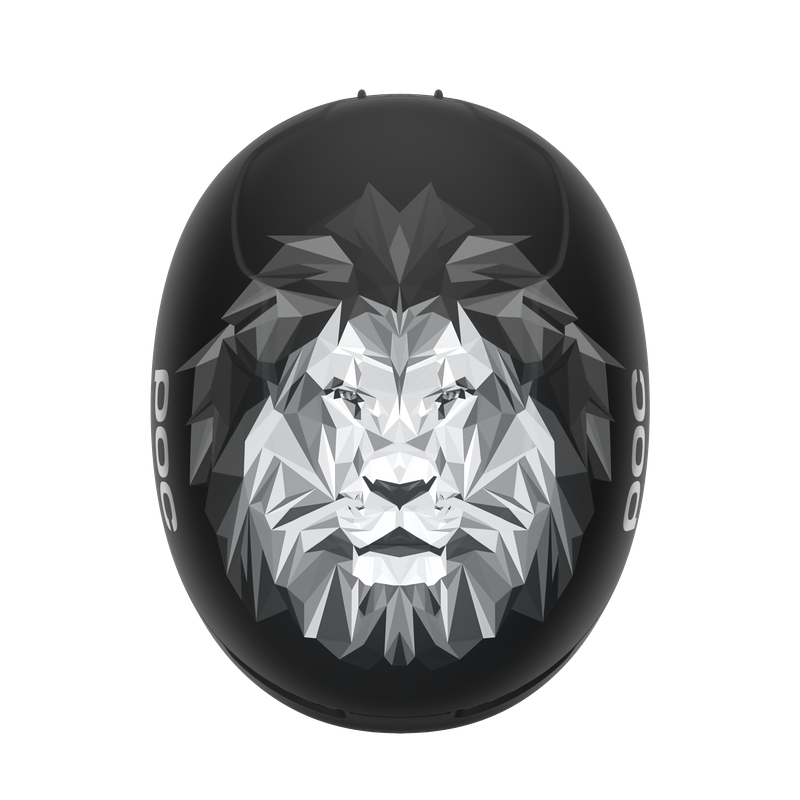Schwarzer Obex Helm Schwarzer POC Obex Pure Helm mit abstraktem, grauem Löwenkopf-Design auf der Vorderseite.