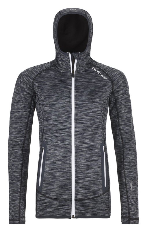 Schwarzer Ortovox Fleece Hoody mit durchgehendem, weißen Reißverschluss und Kapuze. Seitliche Taschen mit Reißverschluss.