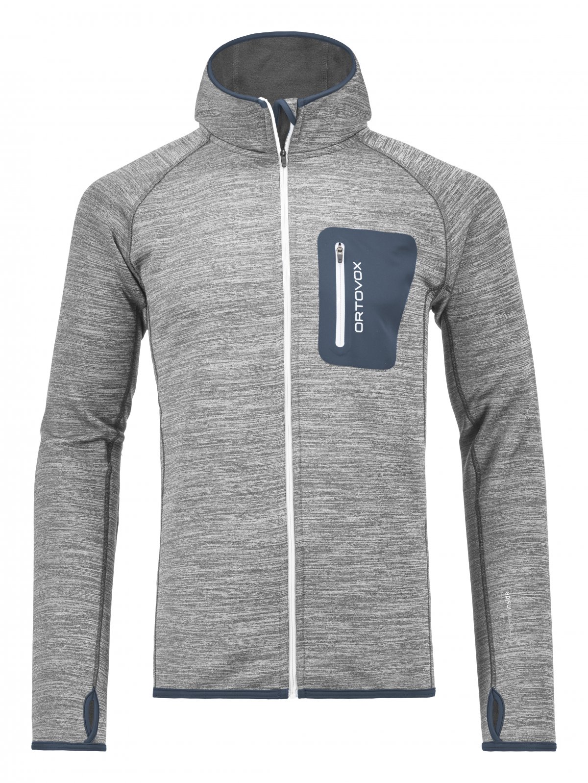 Grauer Ortovox Fleece Melange Hoody mit durchgehendem Reißverschluss und Kapuze, Vordertasche mit Reißverschluss.