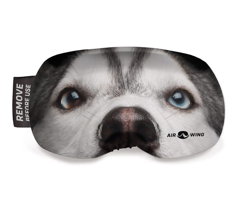 Skibrillen-Schutzhülle mit Husky-Motiv, die Augen sind blau und braun.