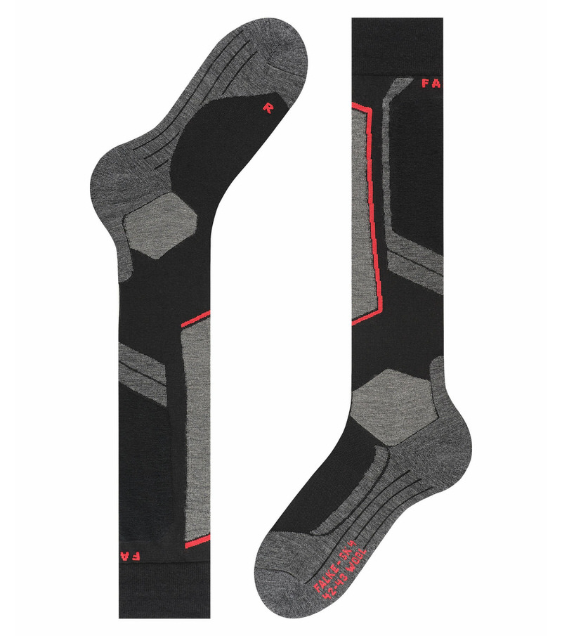 Zwei Falke SK4 Wool Skiing Kniestrümpfe in Schwarz-Mix, einer gerade, einer angewinkelt. Grau akzentuiert mit rotem Detail.