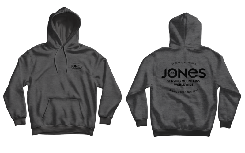 Grauer Jones Hoodie, Vorder- und Rückansicht, mit Branding auf der Rückseite.