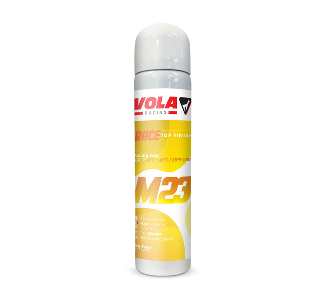 Weiß-gelbe Sprühdose Vola M23 Race Top Finish für Ski, mit Herstellerlogo und Produktinformationen.
