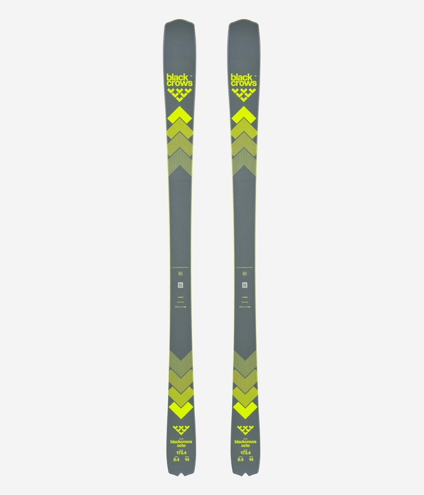 Graue Black Crows Octo Ski mit gelben grafischen Elementen, Produktansicht von oben auf weißem Hintergrund.