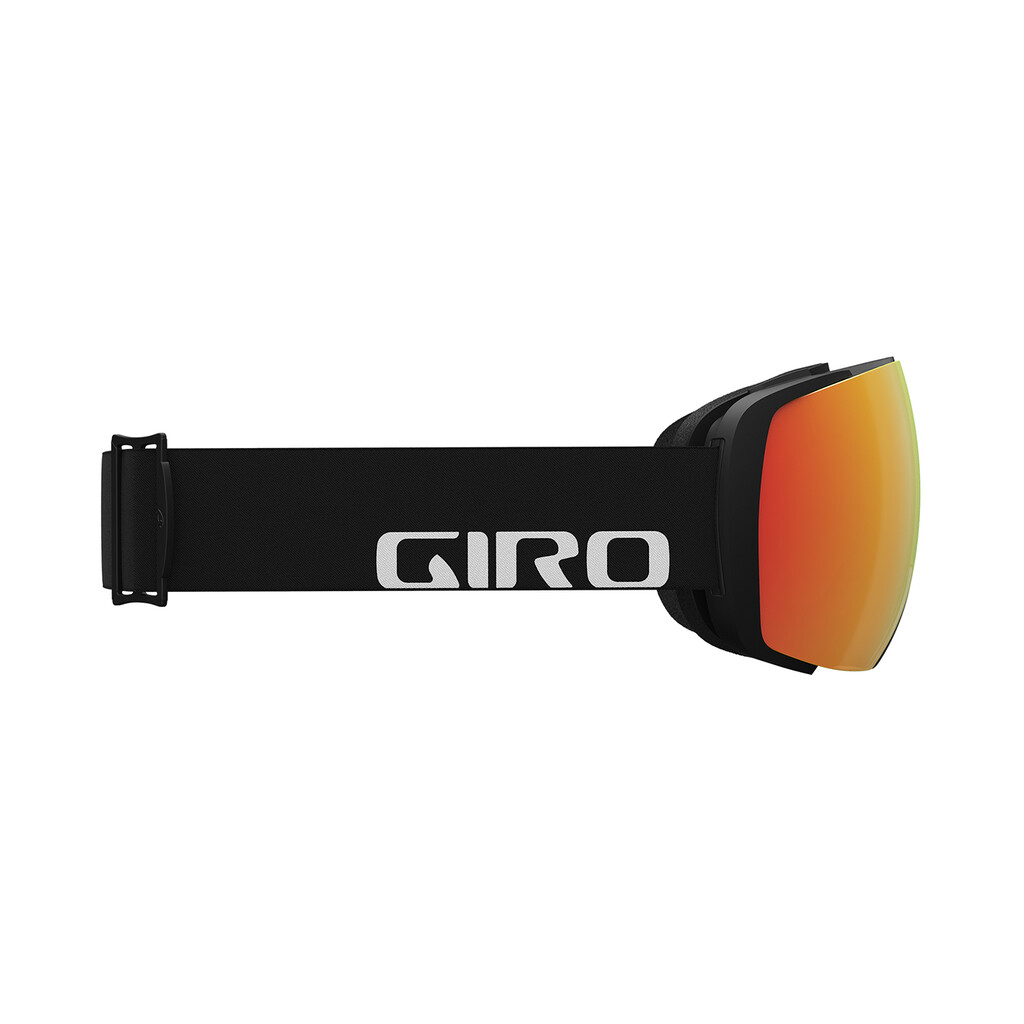 Schwarze Giro Goggle Schwarze Giro Contact Vivid Goggle mit orangefarbener Scheibe, seitliche Ansicht.