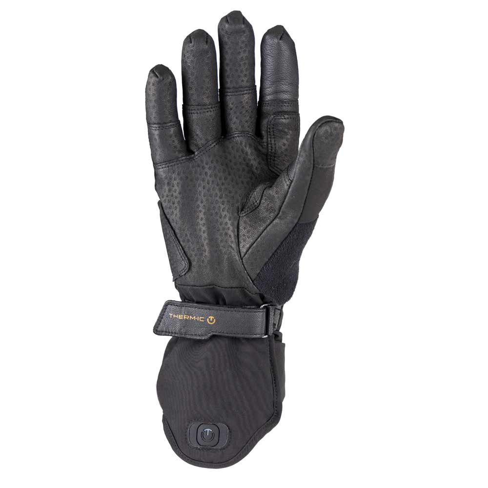 Schwarzer Therm-ic Ultra Grip Heat Glove, Handfläche mit Grip, Handrücken glatt, Manschette mit Therm-ic Logo.