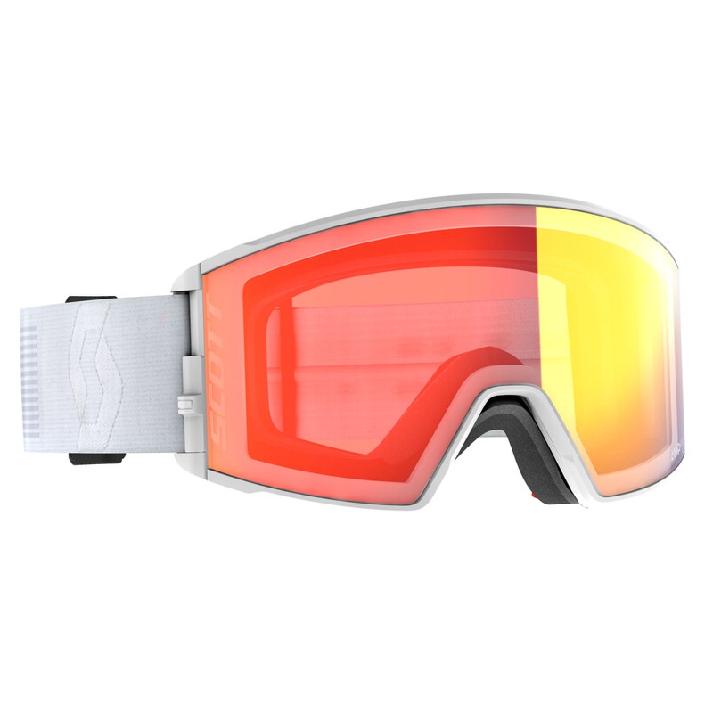 Weiße Scott React Skibrille mit rot-gelber Enhancer-Scheibe in zylindrischer Form, inklusive weißem Brillenband.