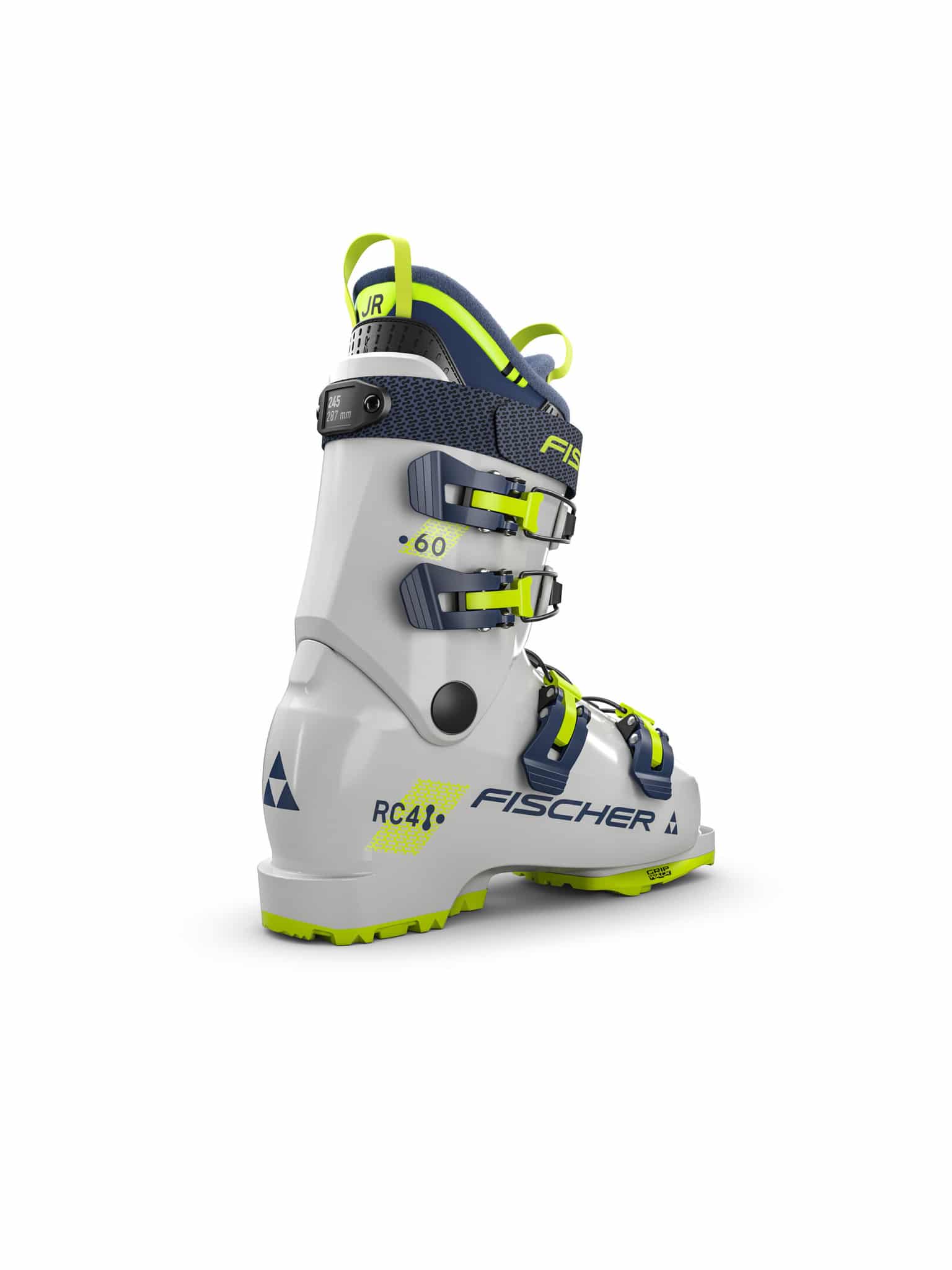 Weißer Fischer RC4 60 JR Skischuh, seitliche Ansicht, mit gelben und blauen Akzenten.