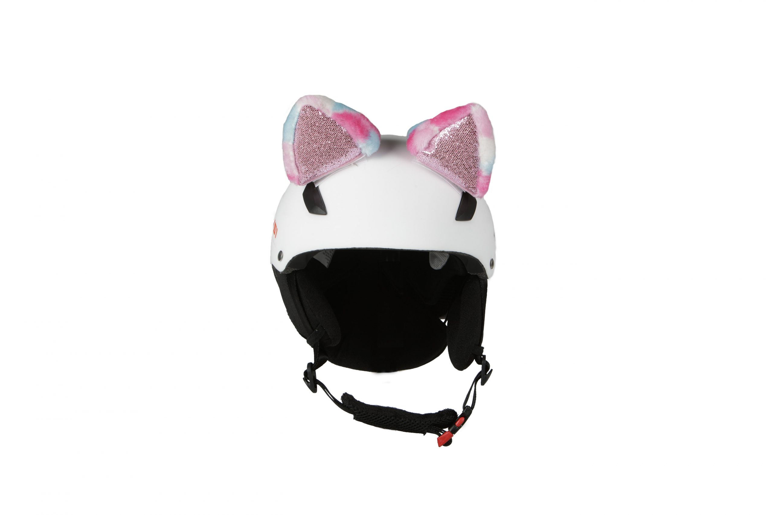Weißer Skihelm mit pinkfarbenen Hoxyheads Cat Ears oben, Innenseite der Ohren glänzend.