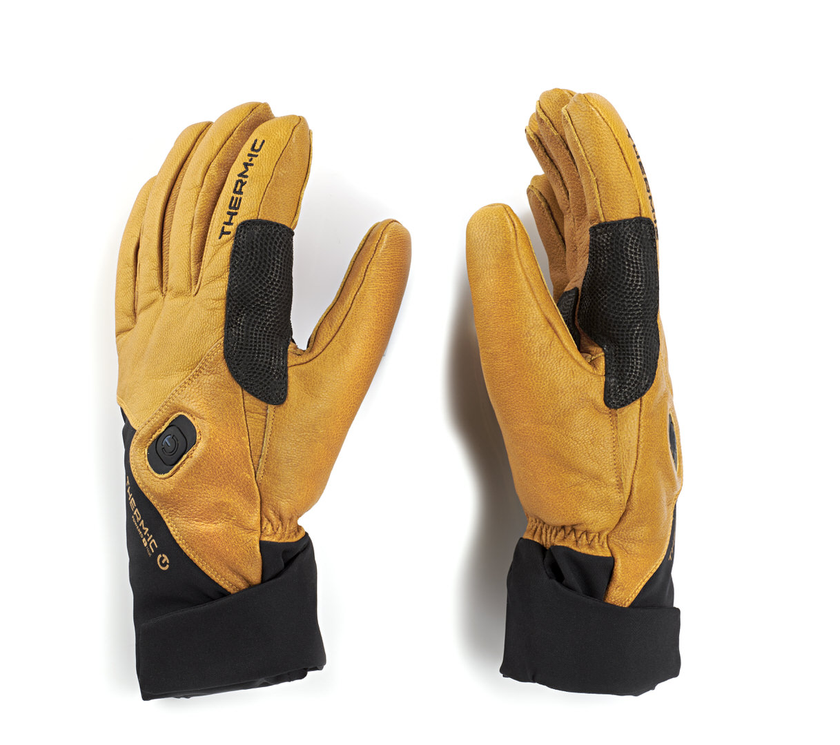 Therm-ic Freeride Handschuhe Zwei Therm-ic Freeride Ultra Heat Handschuhe, hellbraunes Leder mit schwarzen Akzenten, Handflächen zeigen nach vorne.