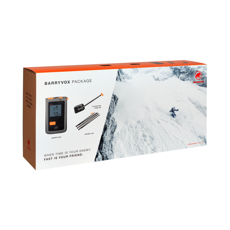 Verpackung des Mammut Barryvox Package LVS Set mit Barryvox LVS-Gerät, Lawinensonde Probe 240 und Schaufel Alugator Ride.