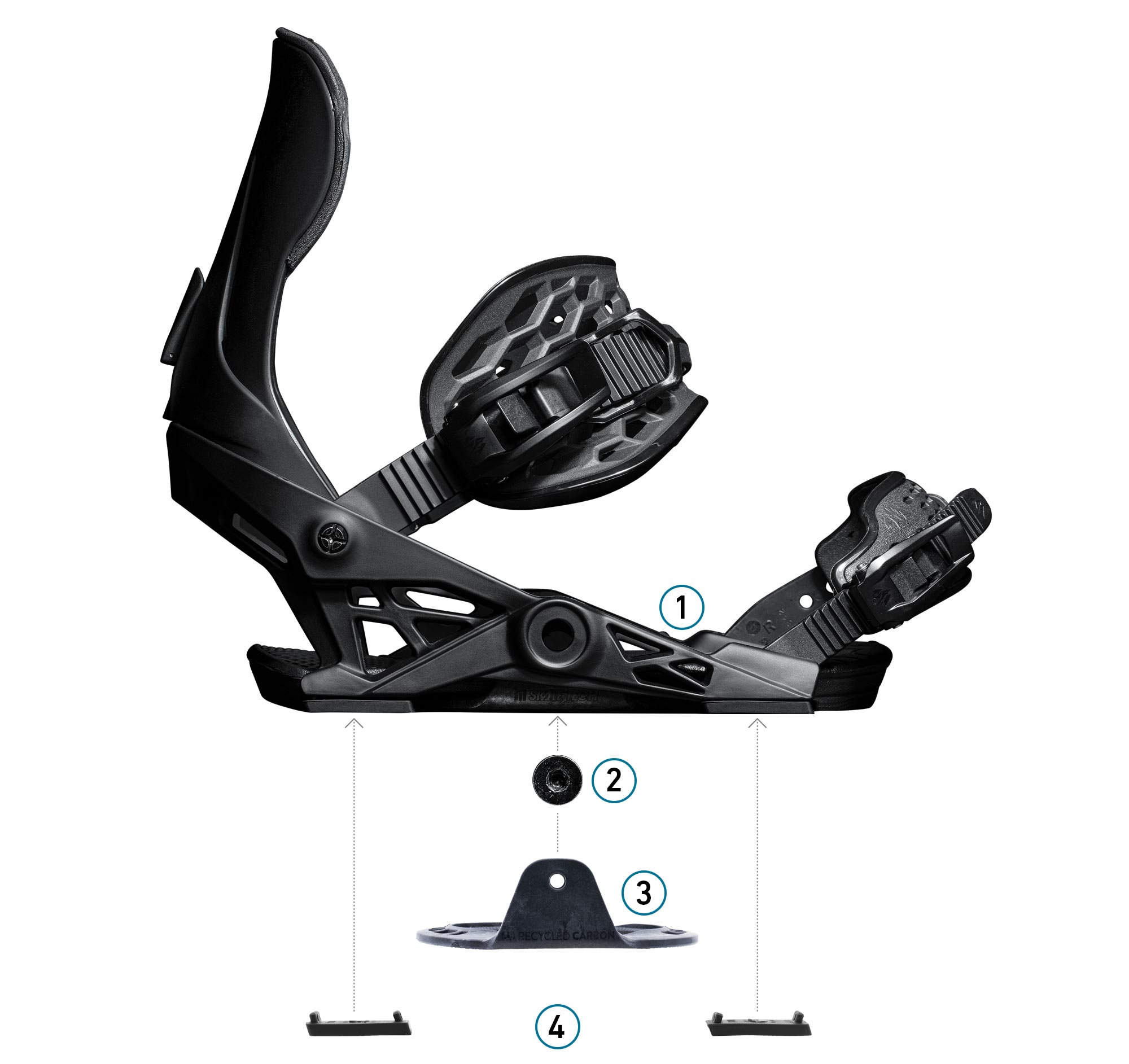 Jones Apollo Pro Skibindung Explosionszeichnung der Jones Apollo Pro Snowboardbindung, die SKATETECH-Komponenten zeigt.