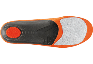 Orangefarbene Sidas Winter Sohle mit schwarzer und grauer Innensohle von oben. Fußbett für Winterschuhe.